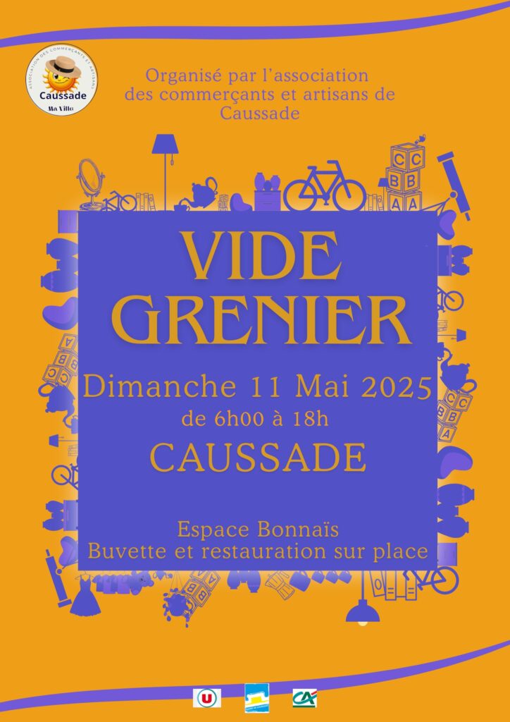 Affiche du vide grenier de l'association des commerçants et artisans de Caussade de 2025