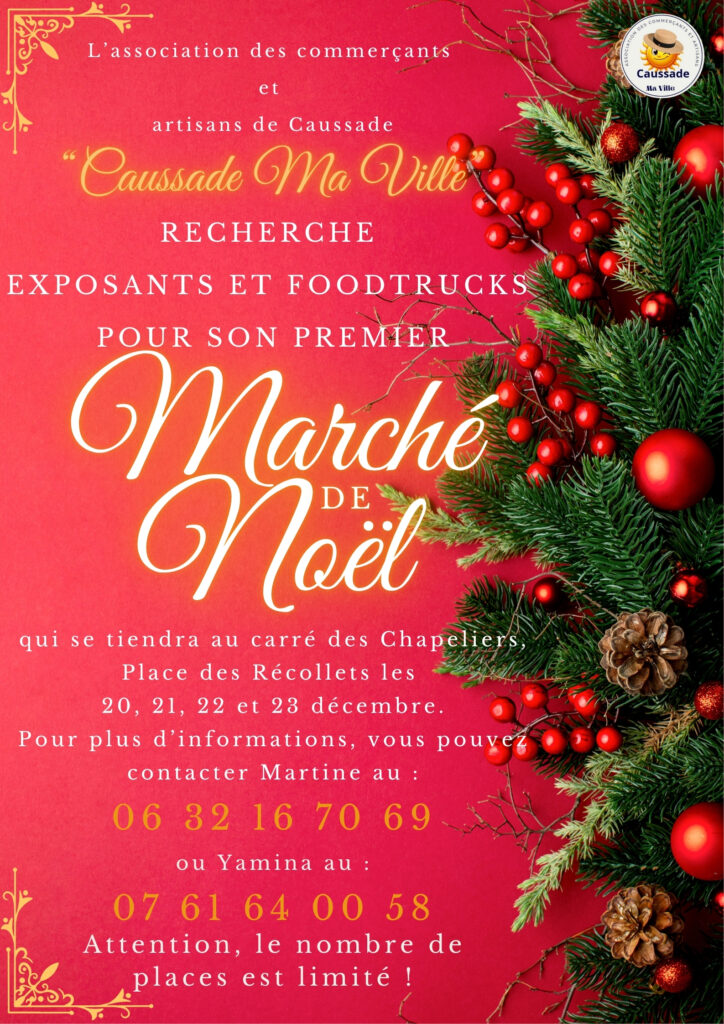 Affiche de recherche d'exposants pour le marché de Noël 2024 de Caussade